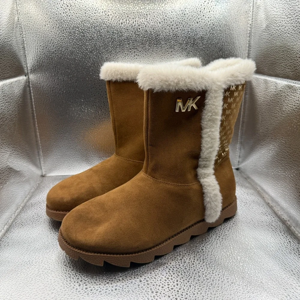 Size 5 Michael Kors Kaysen Winter Fur Logo Brown Girls Mid Calf‎ Zipper Boots